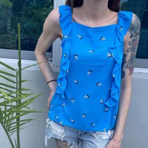 Ann Taylor Loft Blue Floral Ruffled Sleeveless Top